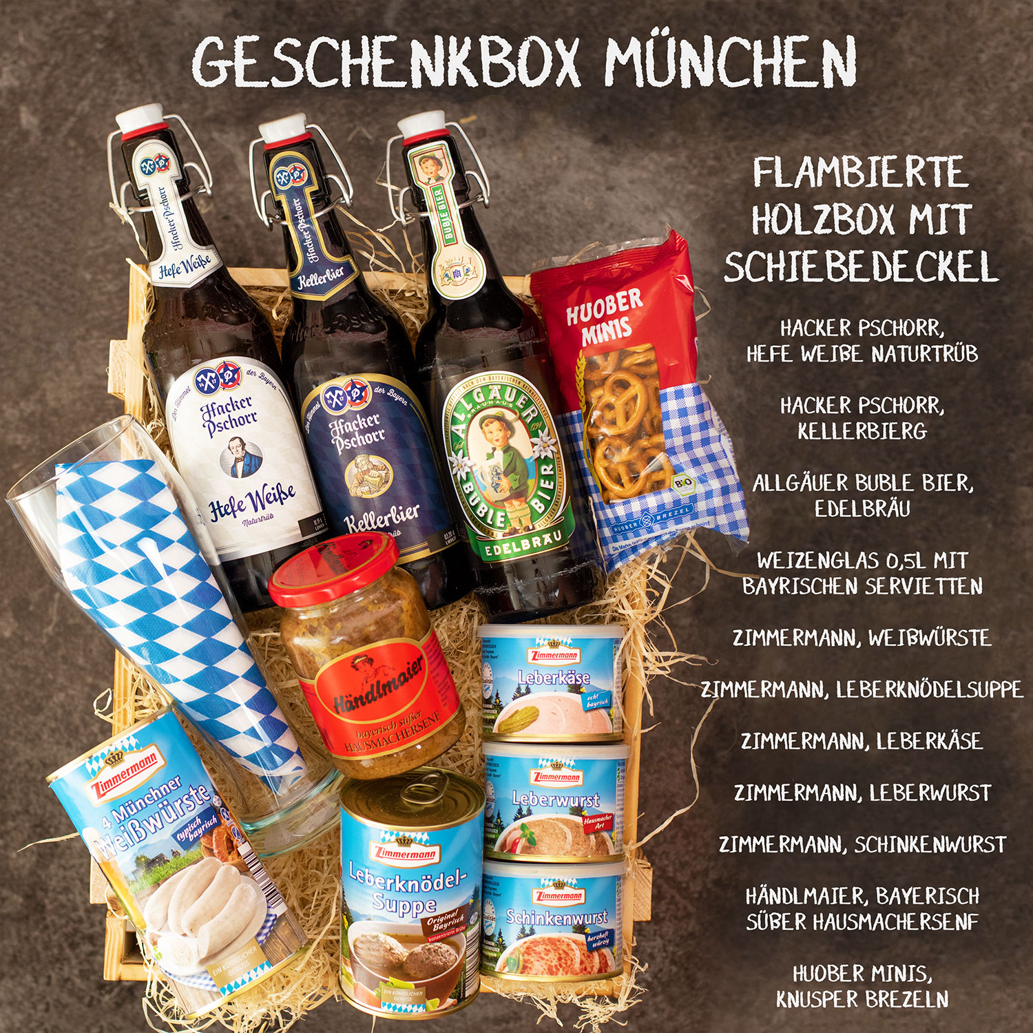 Geschenkset München | Großer Bayern Geschenkkorb mit Bier, Bierglas & bayrischen Spezialitäten – Bild 2