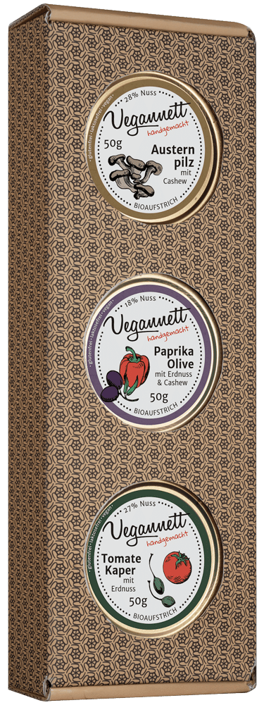 Vegannett Geschenkset – Tomate-Kaper, Paprika-Olive, Austernpilz