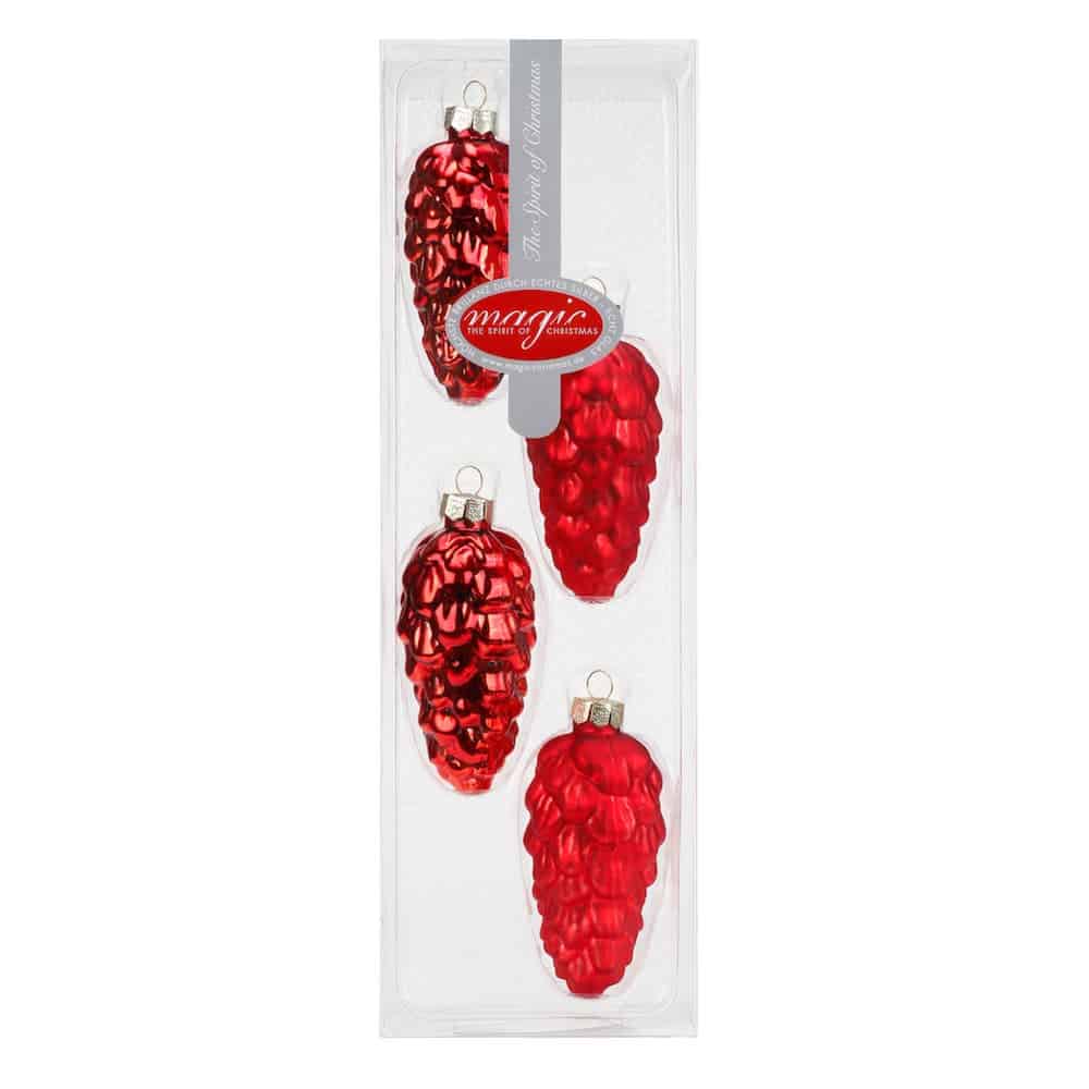 Rote Zapfen – matt und glänzend – 9 cm (4 Stück)